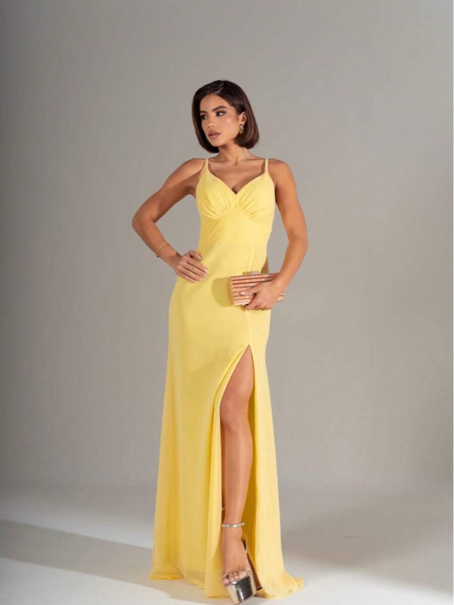 LONG DRESS WITH REMOVABLE CAPE, PERFECT Simple Asymmetrical Pink 3d Wedding - Màu vàng - Xem 1