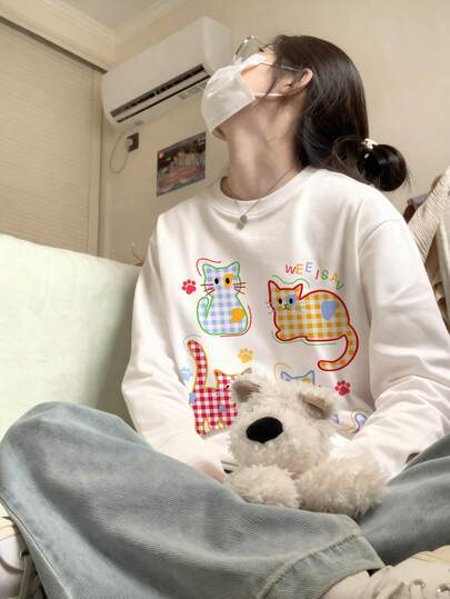 Loose Cotton Long Sleeve T-Shirt For Women, Distinctive Niche Inner Wear For Autumn, Round Neck Top With Cat Print