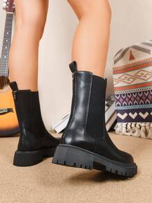 Women's Chunky Heel Chelsea Boots, Black Mid-Calf Shaft Warm Lined Ankle Boots For Spring & Autumn - Black - View 7