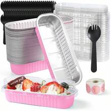 Juego de 50 Moldes para Hornear, Moldes Rectangulares de Aluminio de 200ml, Moldes para Hornear Pan con Cucharas y Tapas, Moldes para Tartas para Magdalenas, Pastel, Minibrownie - 50 piezas + rosa - Ver 2