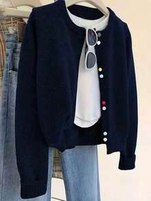 Women's Round Neck Long Sleeve Cardigan, Decorated With Colorful Buttons, Made Of Polyester Fabric, Medium Stretch, Regular Length - Navy Blue - View 4