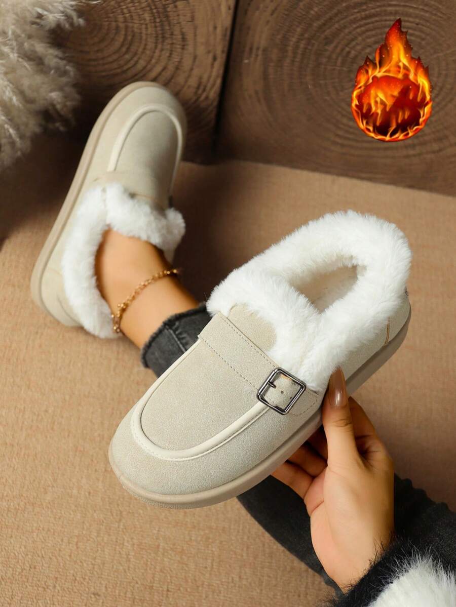 Minimalist -On-On Snow Boots, Women's Black & Brown Suede Boots With Soft Lining And Buckle Decor, Cloud-Like Comfortable Winter Boots - Beige - View 1