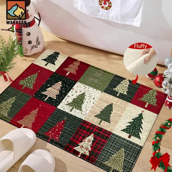1 pièce Tapis de bain antidérapant à motif sapin de Noël, en cachemire artificiel avec décoration moelleuse, convient pour les salles de bain, les entrées, les cuisines et autres occasions. Il peut être lavé en machine et est une décoration de fête pouvant être offerte en cadeau.