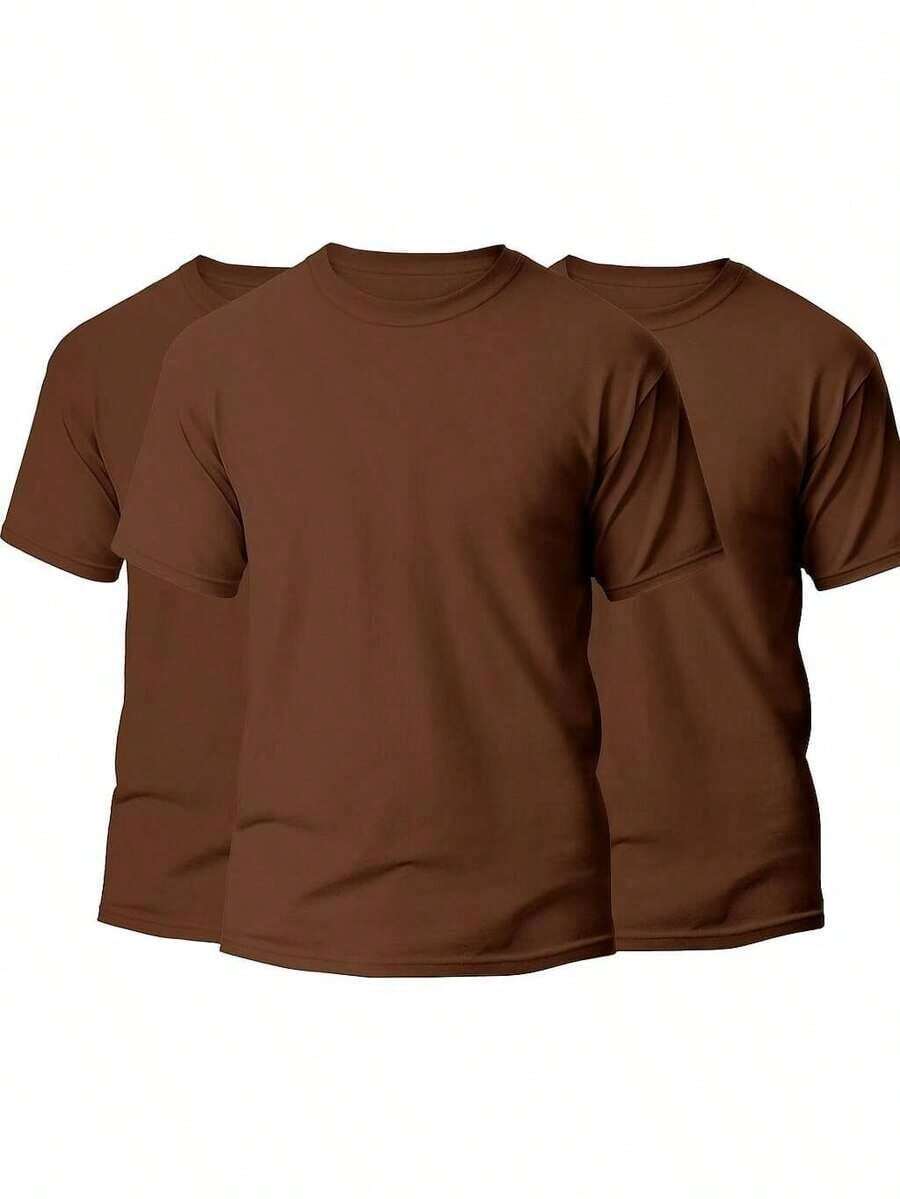 KIT 3 Basic Plain Men's T-Shirts 100% Cotton 30.1 - 棕色+棕色+棕色 - 查看 1