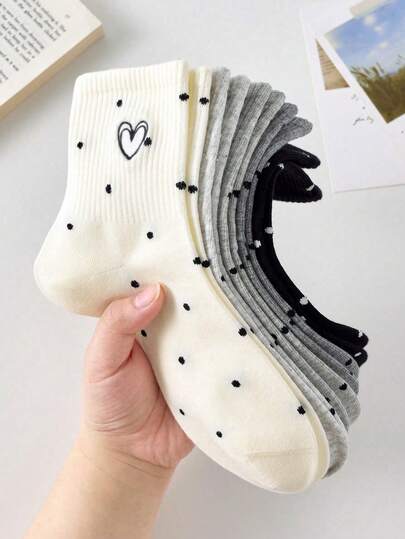 5 Pairs Women's Cute Heart&Polka Dot Ankle Socks Crew Socks Short Socks, White Socks, Black Socks, Casual Comfortable Mid-Calf Socks, Preppy Style Student Socks School Socks, Christmas Gift, Colors Random, Suitable For Daily Wear And Outings, For All Seasons