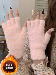 1 Pair Warm Plush Fingerless Gloves For Women, Thick Insulated Touch Screen Mittens Suitable For Autumn/Winter Outdoor Sports, Cycling, Skiing, Office, Students, Writing, Ideal Gift For Valentine's Day, Halloween, Christmas - Multicolor - View 2