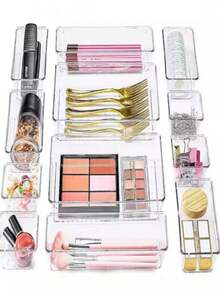 5pcs Transparent Rectangular Desktop Storage Boxes, Multi-Layer Makeup Organizer Baskets For Cosmetics, Sundries, Stationery, Socks
