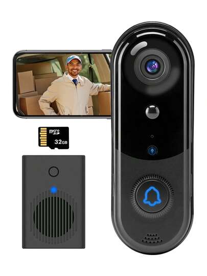 1080P Wireless Video Doorbell Camera, Wireless Indoor Chime, 2.4Ghz WiFi, HD Live Video, Two-Way Audio, APP Control, HD Night Vision, Free Cloud Storage And 32GB Micro SD Card, Human Detection And Motion Detection, Smart Alerts, Weather Resistance, Easy To Installation