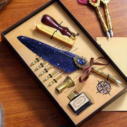 1 Set Gift Box Includes Stamp, Wax Seal, Feather Pen, Jubaboz Calligraphy Pen, Ink Pen Set, Dip Pen, Mechanical Gear Dip Pen, Goose Feather Pen, Made Of Goose Feather, Winter