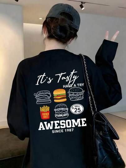 Hamburger Print Long Sleeve White Round Neck T-Shirt, Casual Loose Fit Versatile Top For Women, Autumn