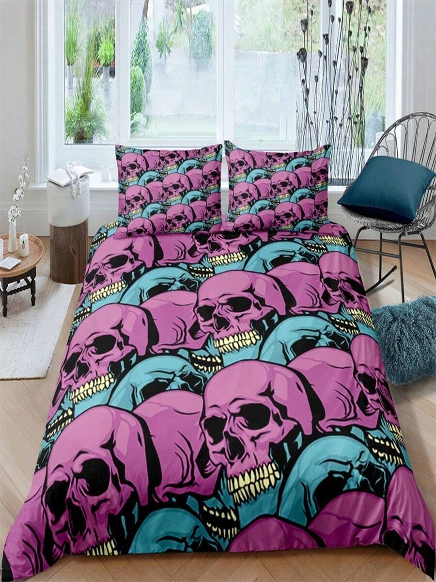Skeleton King Queen Duvet Cover Skull Bedding Set For Kids Teens Adults Halloween Bedroom Decor Soft Comforter Cover Pillowcases (2) - trắng - Xem 1
