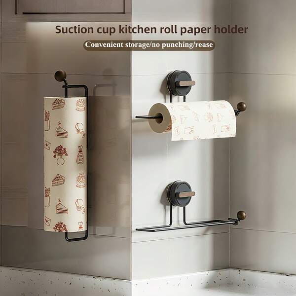Rotating Suction Cup Kitchen Paper Towel Holder - Wall Mounted Paper Towel Rack Without Drilling, Fits Towels, Cling Film, Fabric Rolls - Space-Saving Design For Cabinets, Sinks, Countertops