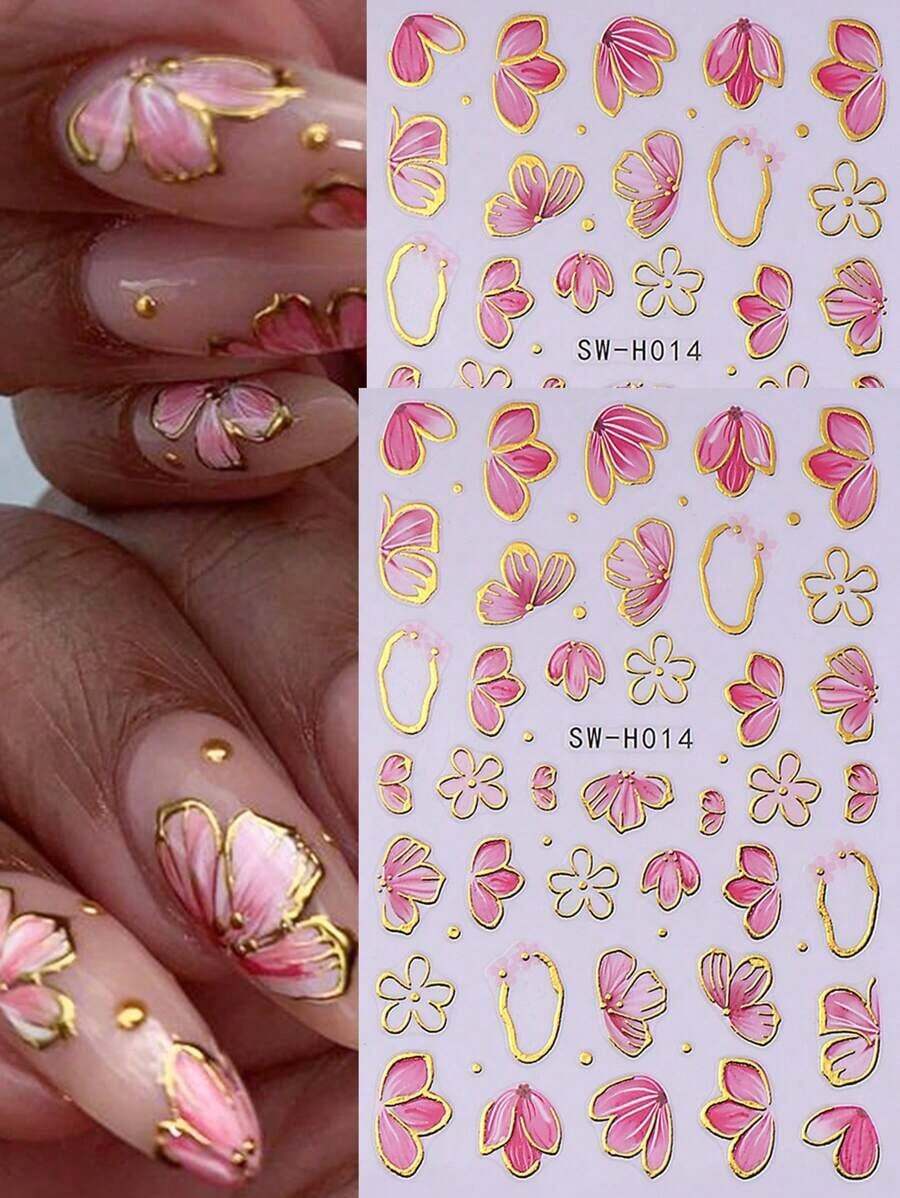 2 PCS Pink Flower Petal 3D Nail Stickers Elegant Flower Gold Edge Line Geometry Designs Nail Art Decals For Acrylic Nails DIY Spring Self-Adhesive Manicure Decoration Supplies - Nhiều màu 1 - Xem 1