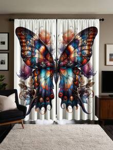 2pcs Vintage Butterfly Print Curtains, Semi-Sheer Polyester Fabric, Machine Washable, Rod Pocket Design, Suitable For Bedroom, Living Room, Dining Room, Kitchen And Other Home Decor
