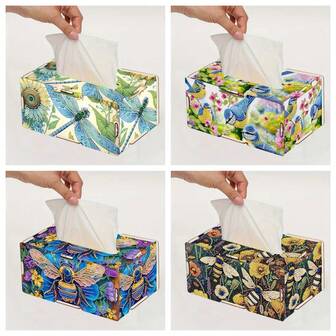 1pc Handmade Wooden Diamond Painting Tissue Box - Reusable Mixed Color Art Storage Container, Round Diamond Decor, Diamond Painting Craft Kit, Home Office Decor, Creative Holiday Gift, Dragonfly, Bee, Bird Themes, Nature Inspired Mosaic Art