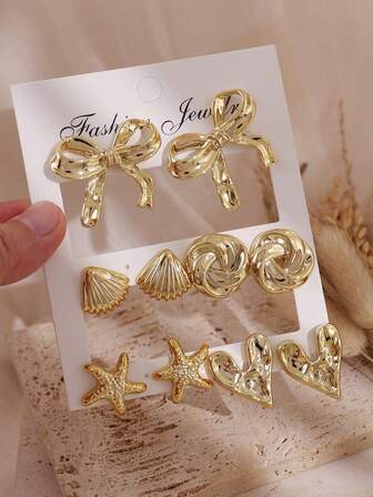 2/10pcs Fashionable Metallic Starfish Element Stud Earrings Set, Women's Stylish Earring Set, Suitable For Daily Wear, Lightweight CCB Material