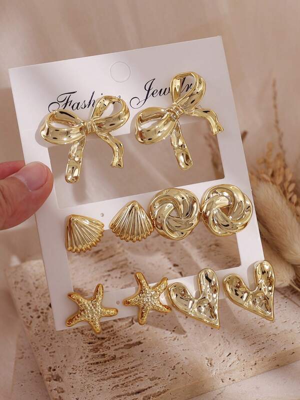 2/10pcs Fashionable Metallic Starfish Element Stud Earrings Set, Women's Stylish Earring Set, Suitable For Daily Wear, Lightweight CCB Material