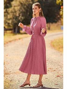 Swiss Dot Pleated A Line Midi Dress Dresseshalloween - 粉色 - 查看 10