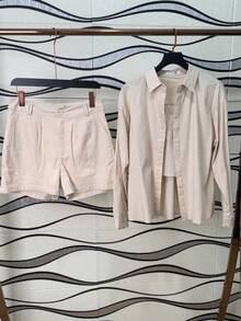 Shirt Set Women Imported Shirt Sets, 3 Pieces Shirts With Cropped Shorts With Lining - Beis - Ver 4