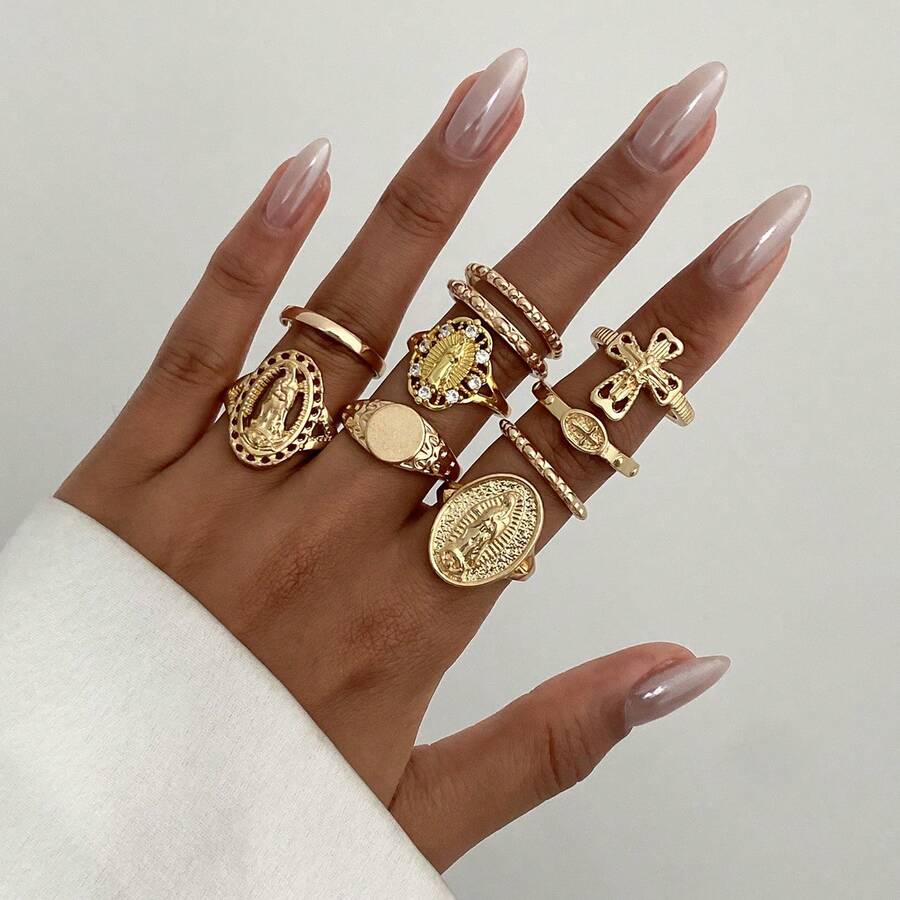 Set de 10 piezas de anillos de corona de estilo bohemio con rhinestones y anillos de nudillo, con anillos de metal vintage con cruz, joyería para fiestas y uso diario