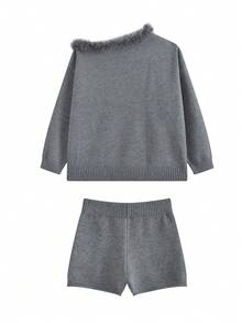2 件套：宽松毛领肩部毛衣和直筒针织短裤，休闲，灰色，冬季 - 灰色 - 查看 6