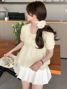 方领系腰短袖雪纺衬衫，凸显女性高端气质 - 杏色 - 查看 2