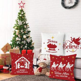 4PCS Christmas Pillowcase Depicting The Birth Of Jesus In A Religious Style, Red And White Christmas Pillowcase, Winter Christmas Pillowcase, Home Decoration, Living Room Sofa Decorative Pillowcase, Single-Sided, Pillow Insert Not Included