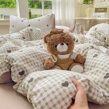 Pastoral Style Heart Print Bedding Set - Soft Polyester Duvet Cover, Including 1*Duvet Cover + 1*Bed Sheet + 2*Pillowcases, Japanese Minimalist, Brown Heart Print, Solid Color Bed Sheet, Suitable For Single, Twin, Double, Queen Beds, Home Bedroom Decor, Duvet Cover And Pillowcases Without Insert, Suitable For All Seasons