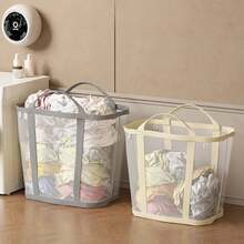 Cesta de lavandería de malla de nylon con asa, plegable, portátil, organizador de ropa sucia, bolsas de almacenamiento de gran capacidad - Beige-L - Ver 1