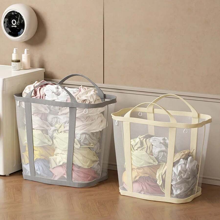 Cesta de lavandería de malla de nylon con asa, plegable, portátil, organizador de ropa sucia, bolsas de almacenamiento de gran capacidad - Beige-L - Ver 1