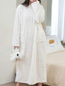 1PC Coral Thermal Robe Bathrobe New Winter Plus Size Pajamas Warm Homewear Thermal Lined Long Sleeve Crew Neck Bathrobe Fall/Winter Women's Casual Dress - Multicolor - View 4