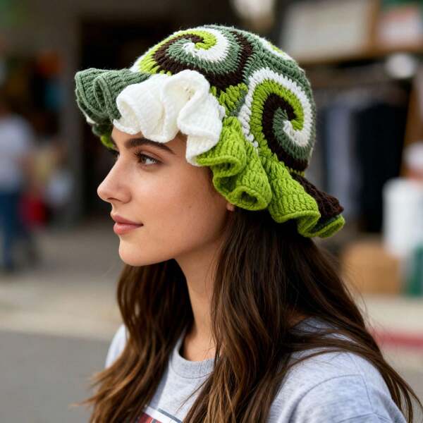 Bohemianisches Herzmuster Acryl Strick Beanie Mütze, geeignet für Outdoor-Tragen, Damen, Herbst/Winter