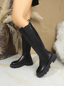 2025 New Uniform Boots For Women, Round Toe Thick Heel Mid-Calf Boots With Rear Zipper, Waterproof Platform Design, Suitable For All Seasons, Black Knee-High Boots For Daily Outdoor Commute, Fashionable Women's Long Boots, Elongating Legs