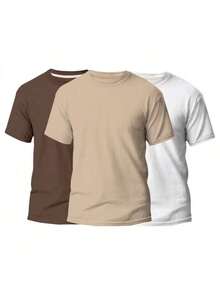 KIT 3 Basic Plain Men's T-Shirts 100% Cotton 30.1 - 棕色+米色+白色 - 查看 1