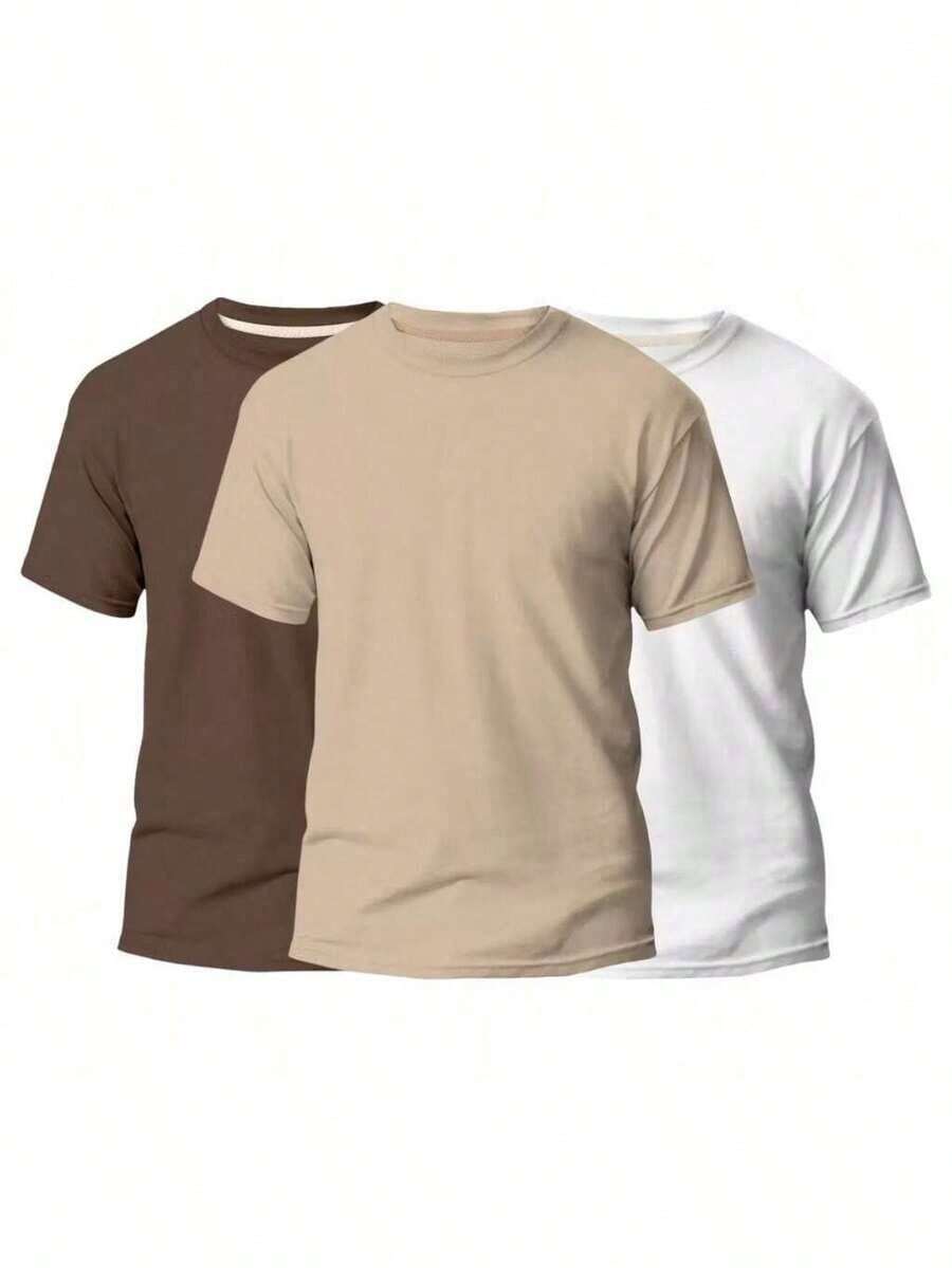 KIT 3 Basic Plain Men's T-Shirts 100% Cotton 30.1 - 棕色+米色+白色 - 查看 1