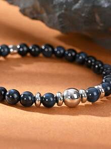 1pc Platinum Plated Natural Tiger Eye Elastic Bracelet, Gift For Men On Father's Day, Valentine's Day, Birthday, Suitable For Daily Wear By Men And Women