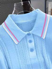 Summer Hollow Design Polo Neck Casual College Style Versatile Niche Knit Tops - Blue - View 3
