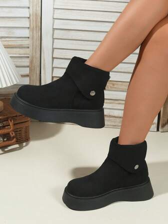 New Plus Size Women Comfortable Simple Round Toe Back Zipper Fold-Over Thick Sole Boots, British Style Casual Fashion Outdoor Wear, Chunky Heel Short Boots For Autumn/Winter