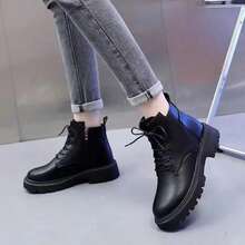 2025 秋冬女士切尔西靴，粗跟，保暖内衬，圆头，弹性，英伦风格，百搭皮靴 - 黑色 - 查看 9