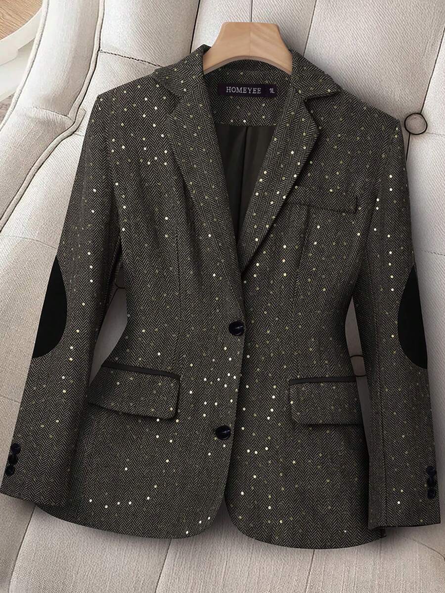 HOMEYEE Sequin Patchwork Contrast Color Lapel Long Sleeve Blouse, Vintage Elegant Casual Resort Business Professional Plus Size Jacket Black Spring - Black - View 1