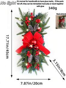 1pc, 17.71inch Christmas Wreath Hanging Decoration Staircase Red Rattan Bow Wreath Pine Cones Decoration Home Decoration Props Festive Atmosphere Venue Layout Props - Multicolor - View 9