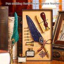 1 套礼品盒包括邮票、蜡封、羽毛笔、Jubaboz 书法笔、墨水笔套装、蘸水笔、机械齿轮蘸水笔、鹅毛笔、鹅毛制成、冬季 - 彩色 - 查看 7