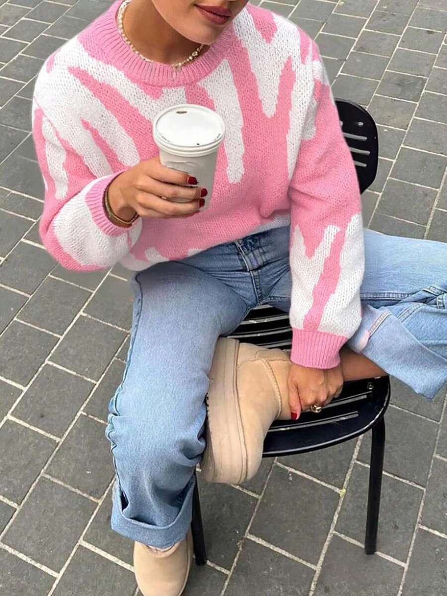 Suéter feminino adolescente casual, moderno e confortável com estampa jacquard de letras e gola redonda, ideal para primavera/outono/inverno (1 peça). - Rosa - Ver 1