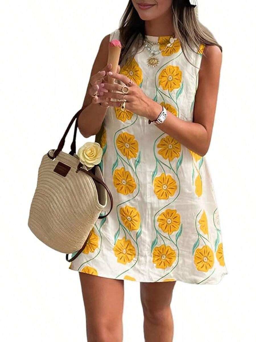 Women 2025 Summer Sleeveless Floral Short Shift Cotton Linen Loose Dress, Style - Màu vàng - Xem 1