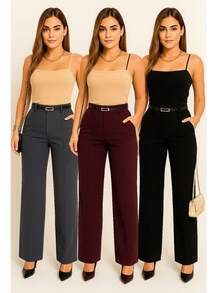 Kit 3 Tailored Pantaloon Trousers With Belt - 灰色 / 酒紅色 / 黑色 - 查看 3