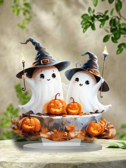 Bohemian Style Acrylic 2D Flat Ghost & Witch Hat Decor Sign, Halloween Desktop Plaque, Multi-Purpose English Language Display, Suitable For Home, Room, Cafe And Office Desk Decoration