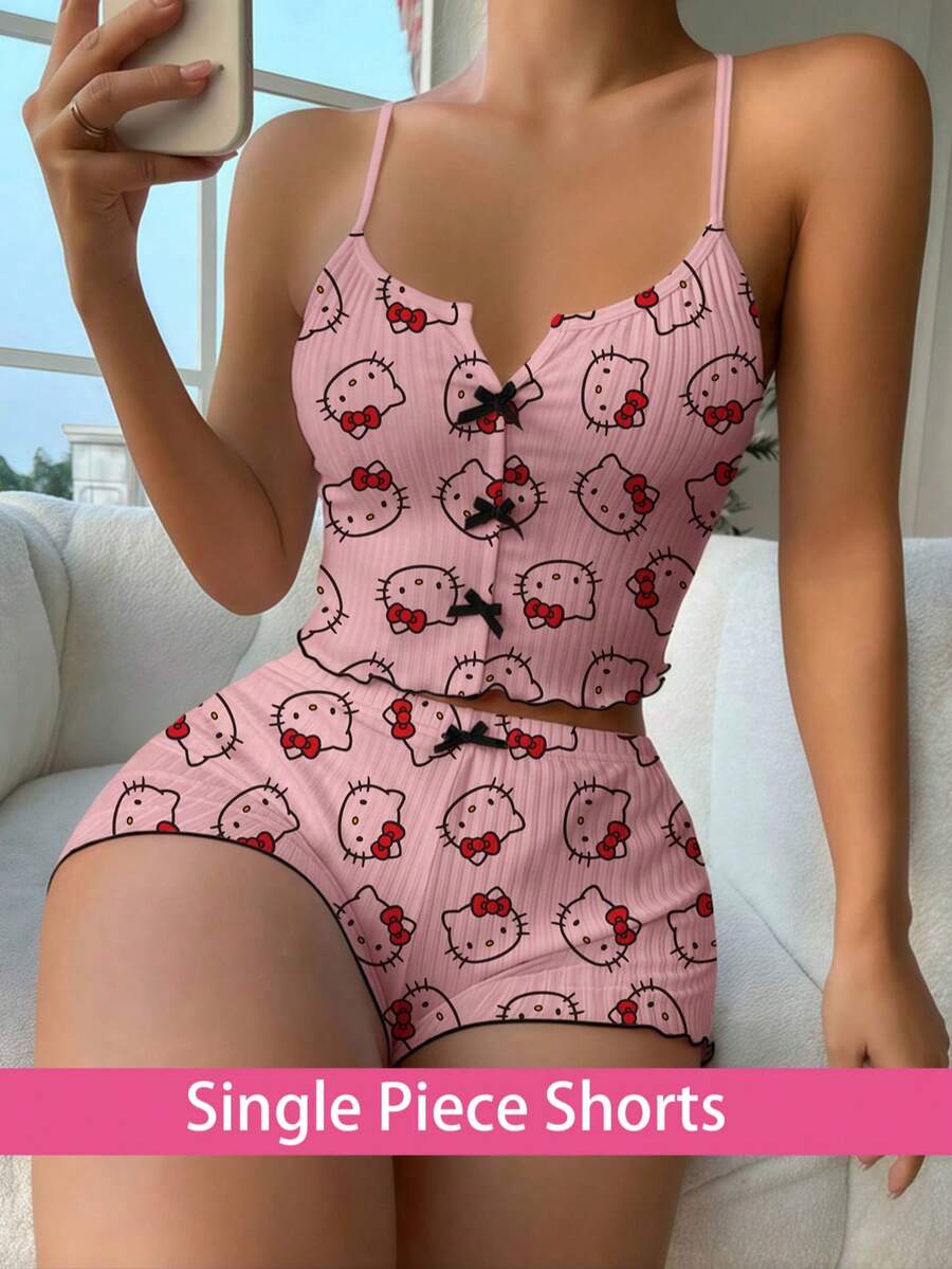 Hello Kitty 女款睡褲短褲 Y2K 居家休閒運動短褲 下身衣著 睡衣 夏日女裝套裝 - 粉色 - 查看 1