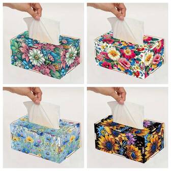 1 pieza Caja de pañuelos de pintura de diamantes con patrón de flor de colores hecho a mano de madera - Contenedor de almacenamiento de arte de colores mixtos reutilizable, decoración de diamantes redonda, kit de manualidades de pintura de diamantes, decoración del hogar y la oficina, regalo creativo para fiestas, arte de mosaico inspirado en la naturaleza