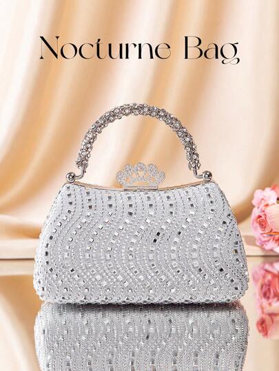 1pc Silver Glitter Double-Sided Rhinestone Decor Handbag, Elegant Clutch Bag With Metal Chain Strap, Suitable For Evening Party, Wedding, Prom, Gift For Women