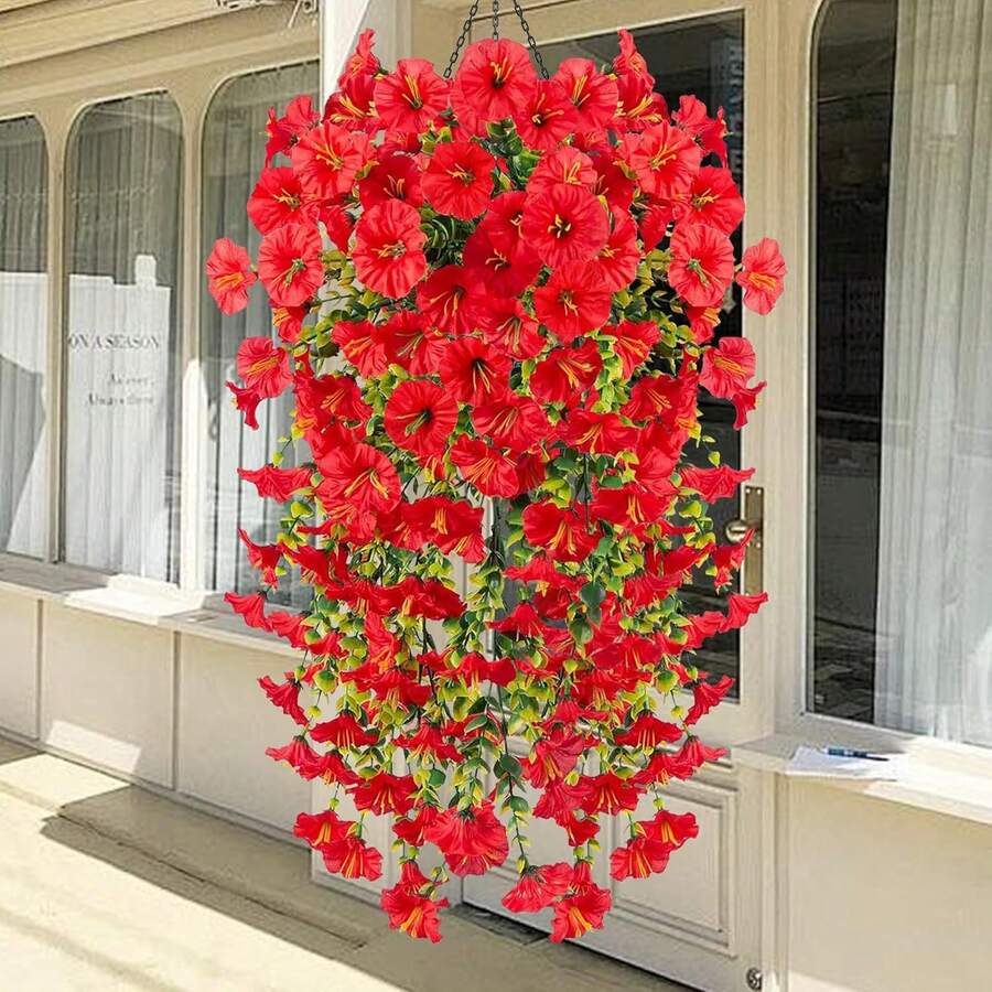 1/2/4 piezas Guirnaldas colgantes de Campanilla de la mañana artificial resistente a los rayos UV con hojas de eucalipto falsas - Decoración de flores de plástico versátil para el hogar, al aire libre, jardín, boda - Adornos florales de margarita para todo el año para diversos tipos de habitaciones - Sin contenedor, perfecto para mejórate pronto, fiestas: Navidad, Halloween, Acción de Gracias, San Valentín, Día de la Madre - Rojo - Ver 1